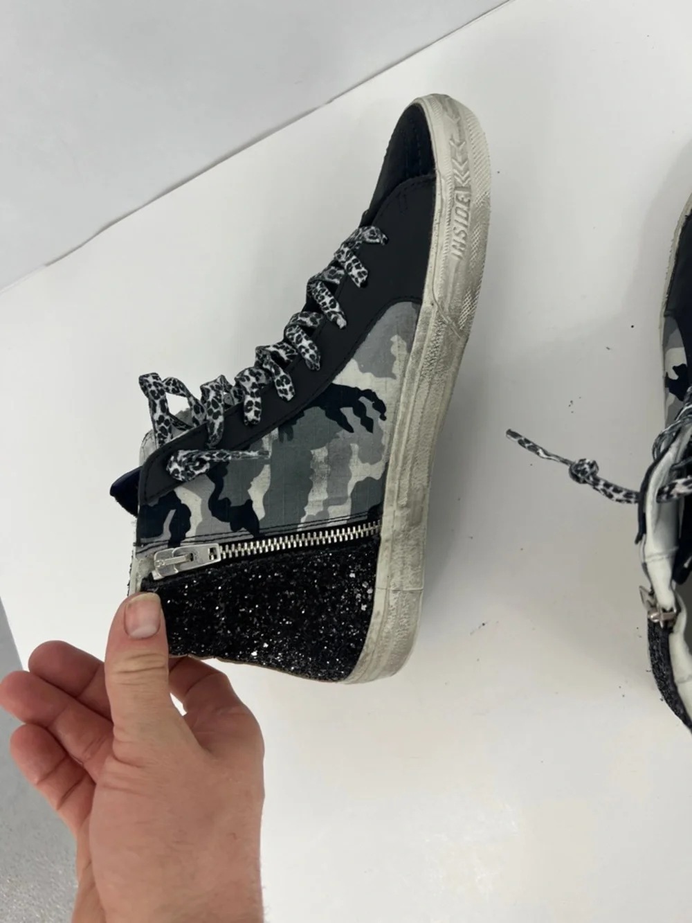 Golden Goose Slide camo glitter High-Top Sneakers in Black, Gray & Purple